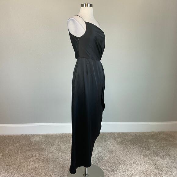 Black Satin One Shoulder Cocktail Dress Size 6 High Low Thigh Slit Shift by AQUA - Picture 2 of 11